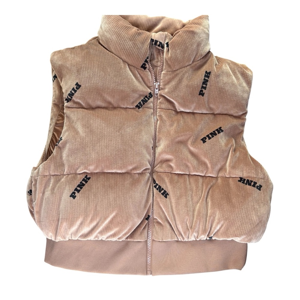 Victoria’s Secret Pink RIB Velour Crop Puffer Vest Carmel Size Large